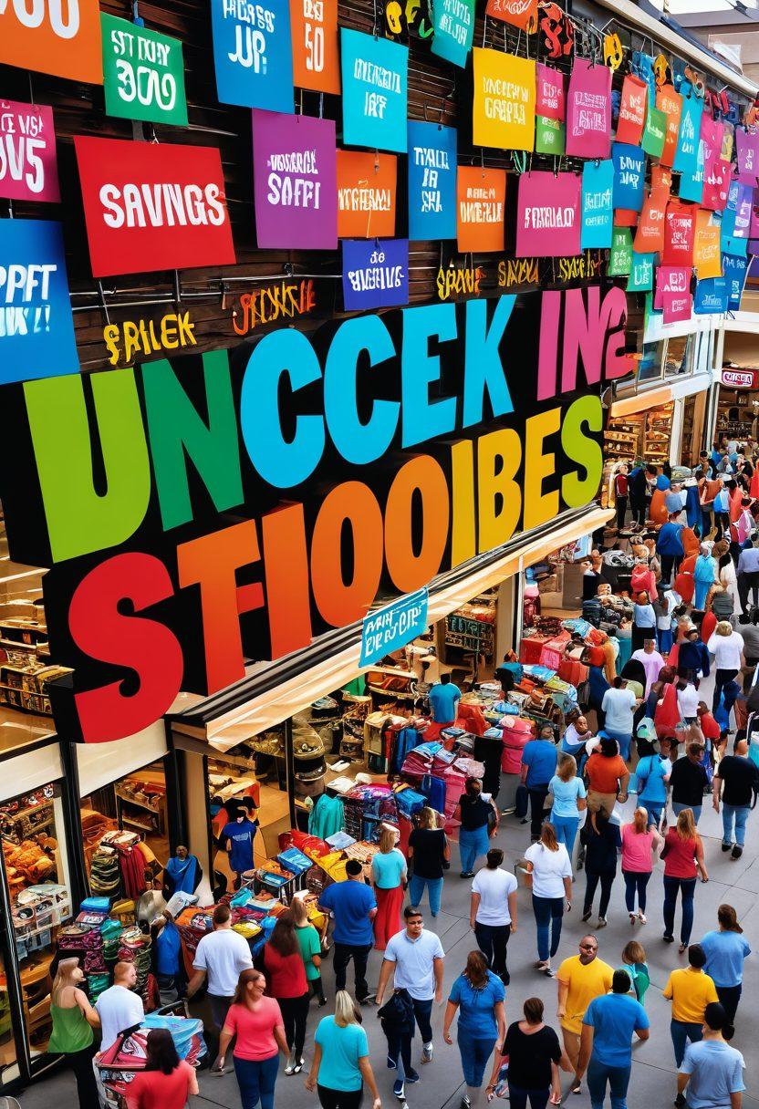 A vibrant marketplace scene showcasing happy shoppers discovering closeout deals and wholesale discounts. Stacks of colorful merchandise bursting with price tags displaying huge savings surround them. Include a large sign overhead that reads 'Unlock Incredible Savings' in playful, bold lettering. Capture the excitement and joy of finding unbeatable prices. bright colors. super-realistic. dynamic composition.