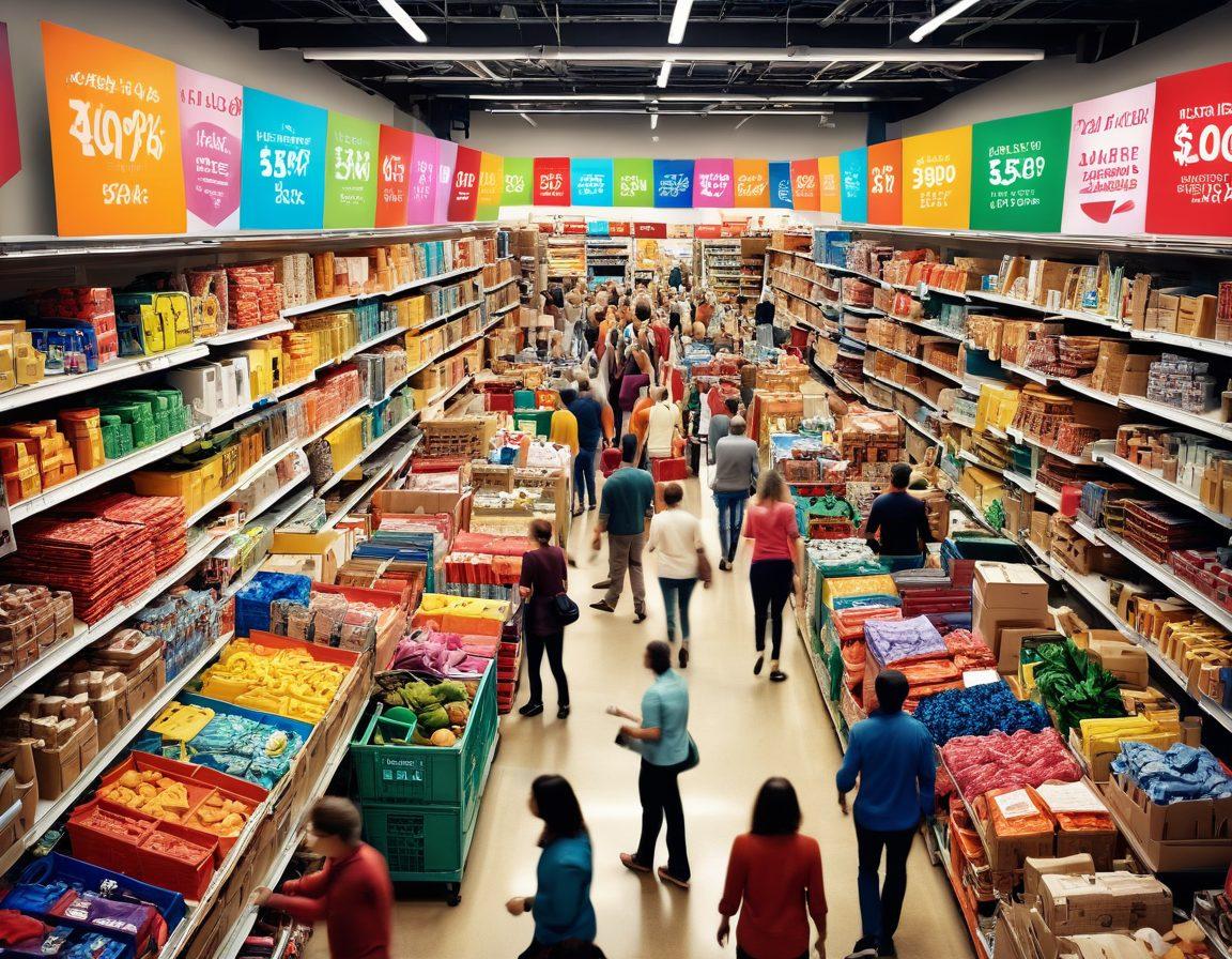 A visually engaging scene depicting a bustling marketplace filled with colorful clearance signs, overflowing bulk buy items, and enthusiastic shoppers discovering amazing deals. Integrate vibrant price tags showcasing discounts, smiling faces, and a background with stacks of products and shopping carts. Capture the essence of savings and excitement. super-realistic. vibrant colors.