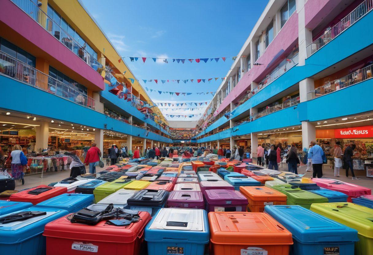 A bustling liquidation sale scene filled with eager shoppers sifting through piles of vibrant discounted treasures, showcasing an array of products like electronics, furniture, and clothes. Bright signs announce unbeatable bargains all around, while a playful mix of vibrant colors captures the excitement. The background features a hint of chaos with shopping carts and price tags fluttering in the air. A clear blue sky overhead gives a sense of a perfect shopping day. super-realistic. vibrant colors. dynamic perspective.